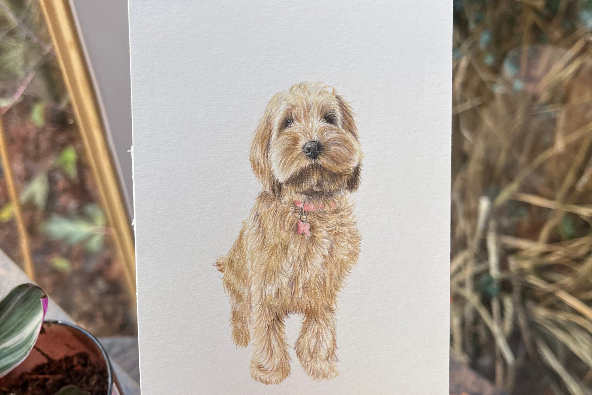 Hand holding a card with a pencil illustration of a dog on a blurred natural background